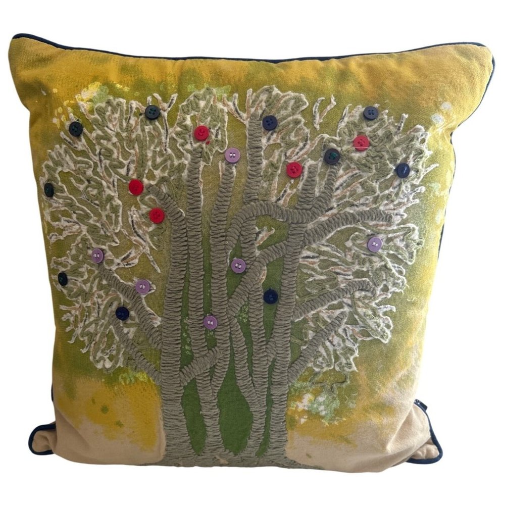 Mod Lifestyles Handcrafted Throw Pillow Embroidered Tree Design & Button Accents